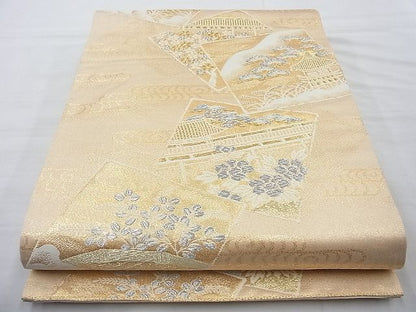 平和屋着物◎六通柄袋帯 唐織 色紙散らし風景文 金糸 逸品 BAAI4078cm