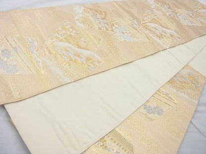 平和屋着物◎六通柄袋帯 唐織 色紙散らし風景文 金糸 逸品 BAAI4078cm