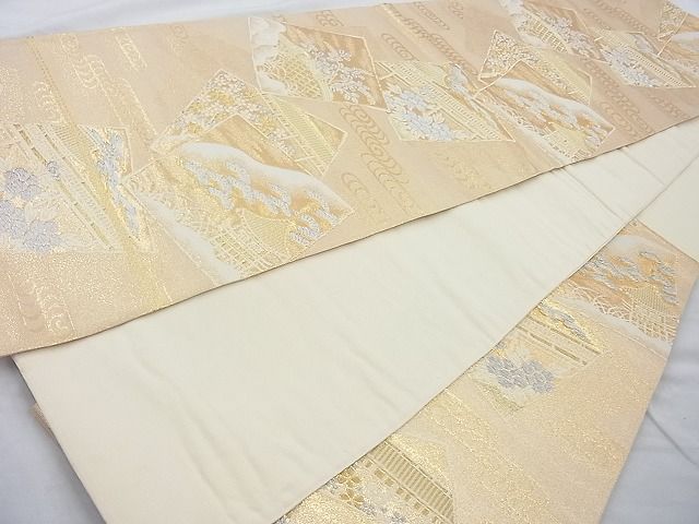 平和屋着物◎六通柄袋帯 唐織 色紙散らし風景文 金糸 逸品 BAAI4078cm