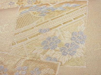 平和屋着物◎六通柄袋帯 唐織 色紙散らし風景文 金糸 逸品 BAAI4078cm