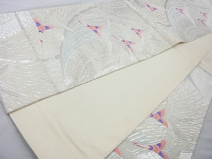 平和屋着物◎六通柄袋帯 唐織 飛鶴文様 銀糸 逸品 BAAI4113cm