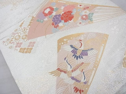 平和屋着物◎六通柄袋帯 唐織 花鳥扇文 金糸 逸品 BAAI4117cm