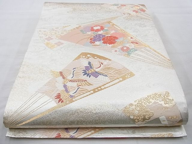 平和屋着物◎六通柄袋帯 唐織 花鳥扇文 金糸 逸品 BAAI4117cm