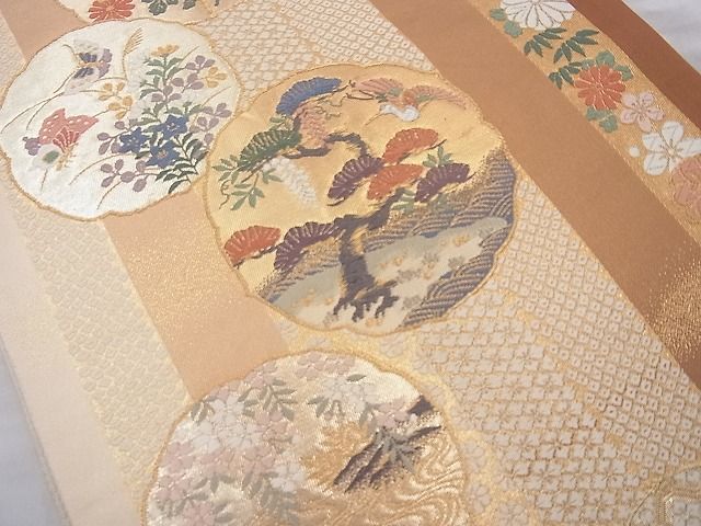 平和屋着物◎六通柄袋帯 唐織 花蝶間道 金糸 逸品 BAAI4123cm
