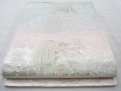 平和屋着物◎六通柄袋帯 唐織 孔雀扇面花文 銀糸 逸品 BAAI4135cm