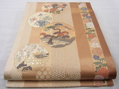 平和屋着物◎六通柄袋帯 唐織 花蝶間道 金糸 逸品 BAAI4123cm