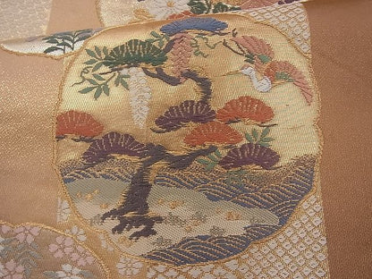 平和屋着物◎六通柄袋帯 唐織 花蝶間道 金糸 逸品 BAAI4123cm