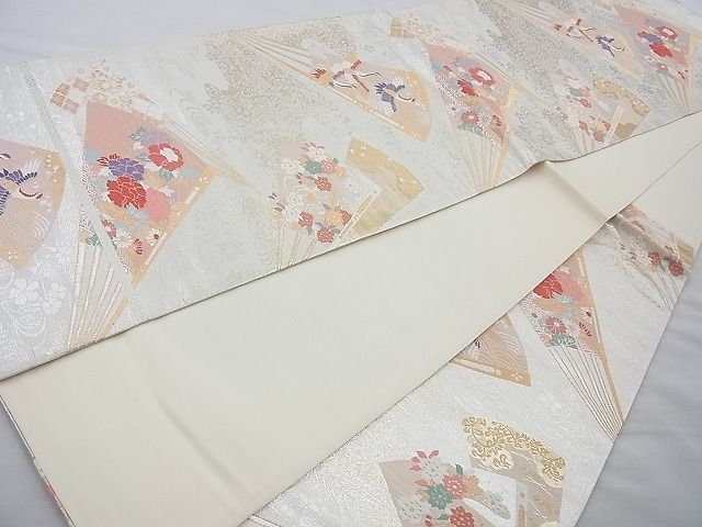 平和屋着物◎六通柄袋帯 唐織 花鳥扇文 金糸 逸品 BAAI4117cm