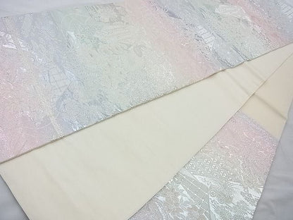 平和屋着物◎六通柄袋帯 唐織 孔雀扇面花文 銀糸 逸品 BAAI4135cm
