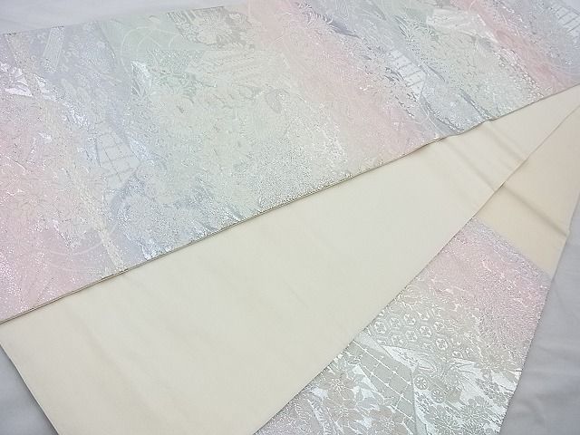平和屋着物◎六通柄袋帯 唐織 孔雀扇面花文 銀糸 逸品 BAAI4135cm