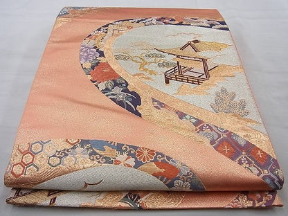 平和屋着物◎六通柄袋帯 唐織 京洛風景絵文 金糸 逸品 BAAI4151cm