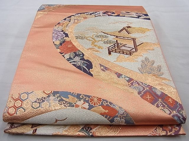 平和屋着物◎六通柄袋帯 唐織 京洛風景絵文 金糸 逸品 BAAI4151cm