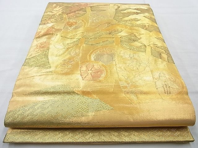 平和屋着物◎佐賀錦 太鼓柄袋帯 幡幕草花文 金糸 逸品 BAAI4141cm
