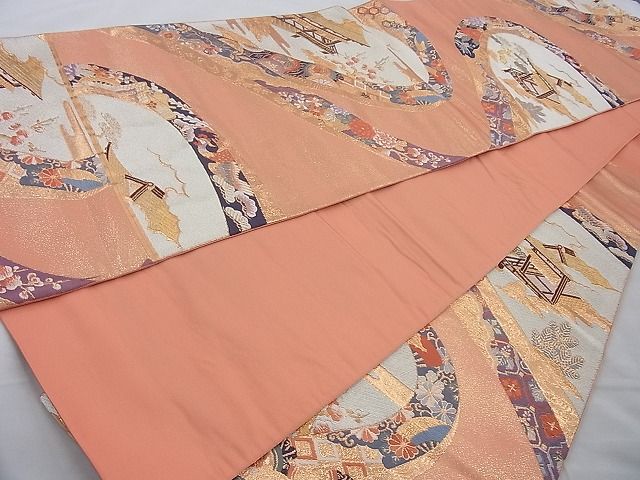 平和屋着物◎六通柄袋帯 唐織 京洛風景絵文 金糸 逸品 BAAI4151cm
