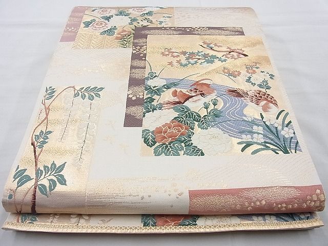 平和屋着物◎六通柄袋帯 唐織 色紙花鳥紋 金糸 逸品 BAAI4149cm