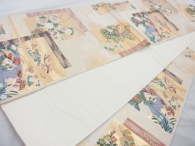 平和屋着物◎六通柄袋帯 唐織 色紙花鳥紋 金糸 逸品 BAAI4149cm