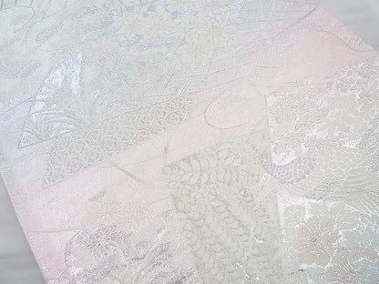 平和屋着物◎六通柄袋帯 唐織 孔雀扇面花文 銀糸 逸品 BAAI4135cm