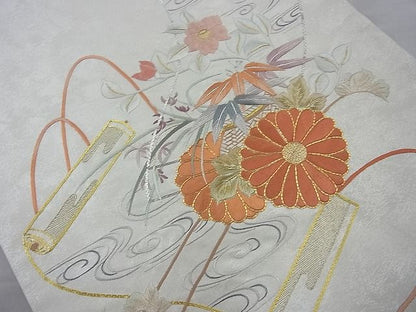 平和屋着物◎太鼓柄袋帯 総刺繍 駒刺繍 花絵巻 金銀糸 逸品 BAAI4138cm