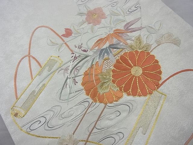 平和屋着物◎太鼓柄袋帯 総刺繍 駒刺繍 花絵巻 金銀糸 逸品 BAAI4138cm