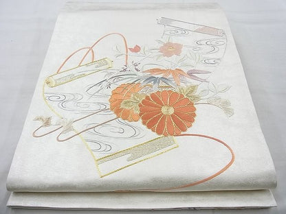 平和屋着物◎太鼓柄袋帯 総刺繍 駒刺繍 花絵巻 金銀糸 逸品 BAAI4138cm