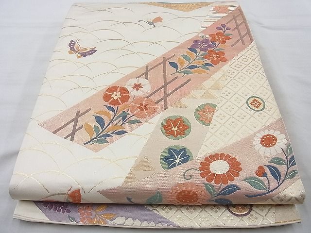 平和屋着物◎六通柄袋帯 唐織 能衣 菊撫子桔梗籠文様 金糸 逸品 BAAI4160cm