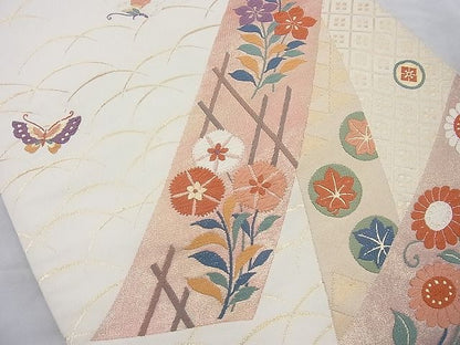 平和屋着物◎六通柄袋帯 唐織 能衣 菊撫子桔梗籠文様 金糸 逸品 BAAI4160cm