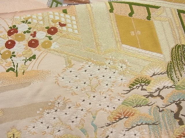 平和屋着物◎六通柄袋帯 唐織 ヱ霞風景文 金糸 逸品 BAAI4182cm