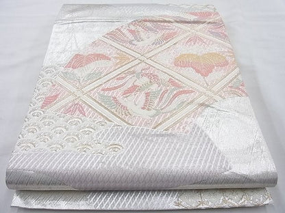 平和屋着物◎六通柄袋帯 さがび錦 扇面桐竹鳳凰文 金銀糸 逸品 BAAI6287cm