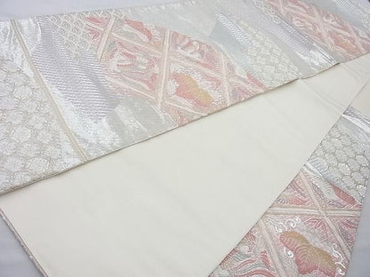 平和屋着物◎六通柄袋帯 さがび錦 扇面桐竹鳳凰文 金銀糸 逸品 BAAI6287cm
