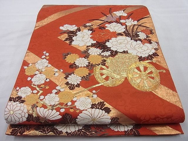 平和屋着物◎六通柄袋帯 唐織 慶長花車文 金糸 逸品 BAAI6272cm