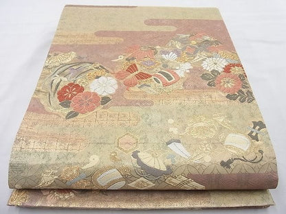 平和屋着物◎六通柄袋帯 唐織 ヱ霞宝尽くし花蝶文 金糸 逸品 BAAI6317cm