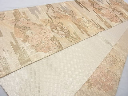 平和屋着物◎六通柄袋帯 ヱ霞地紙花文 金糸 逸品 BAAI6339cm