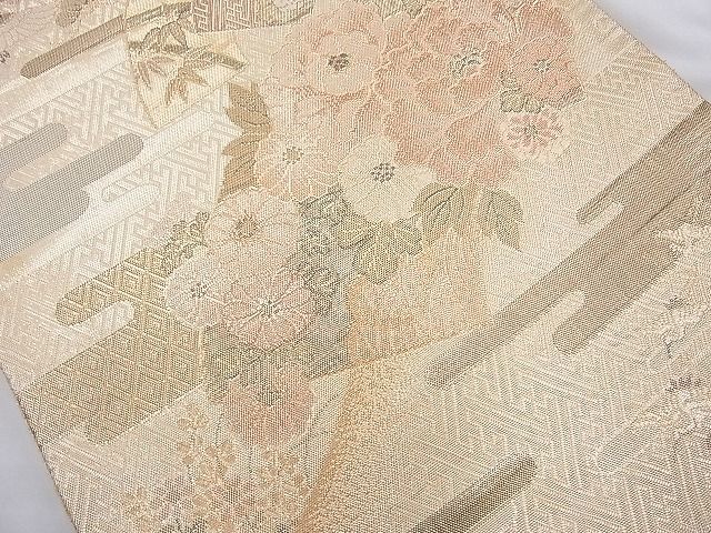 平和屋着物◎六通柄袋帯 ヱ霞地紙花文 金糸 逸品 BAAI6339cm