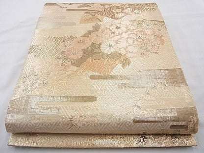 平和屋着物◎六通柄袋帯 ヱ霞地紙花文 金糸 逸品 BAAI6339cm