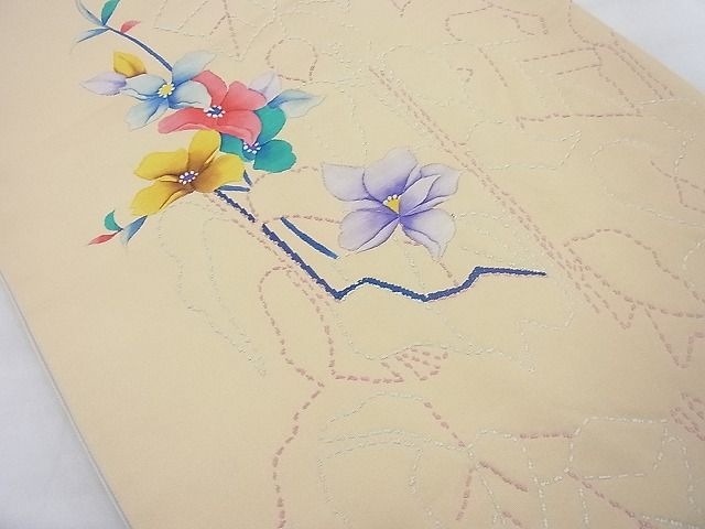 平和屋着物◎太鼓柄袋帯 手描き 刺繍 枝花文 逸品 BAAI6356cm