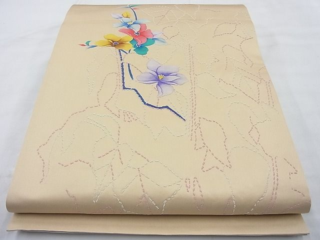 平和屋着物◎太鼓柄袋帯 手描き 刺繍 枝花文 逸品 BAAI6356cm