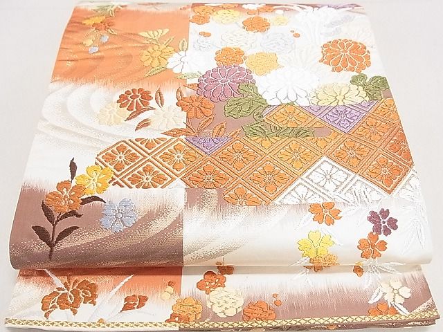平和屋着物◎西陣　六通柄袋帯　唐織　流水草花文　金糸　逸品　DAAG5887tw