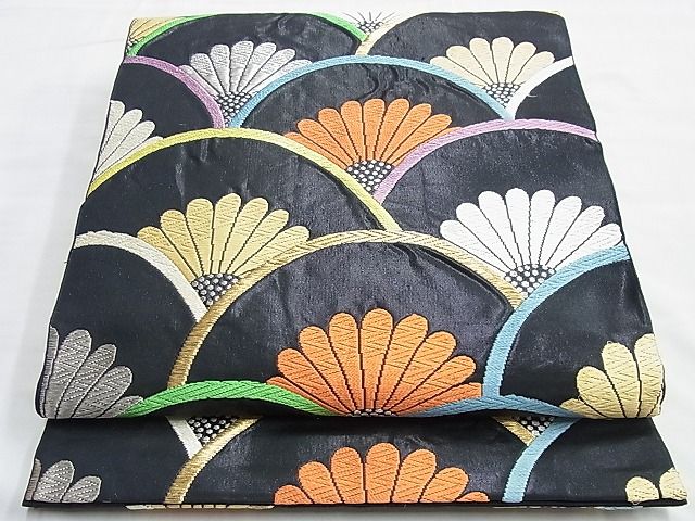 平和屋着物◎六通柄袋帯 唐織 菊青海波 黒地 金銀糸 逸品 BAAI0625du