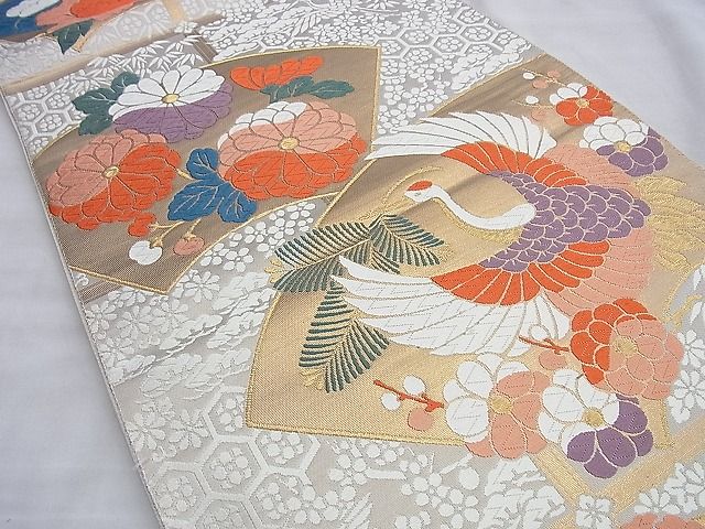 平和屋着物◎六通柄袋帯 唐織 松喰鶴地紙花文 金糸 逸品 BAAI0642du