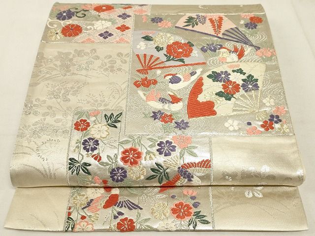 平和屋着物◎六通柄袋帯 唐織 色紙重ね扇面鴛鴦花文 金銀糸 正絹 逸品 AAAI5000Asx