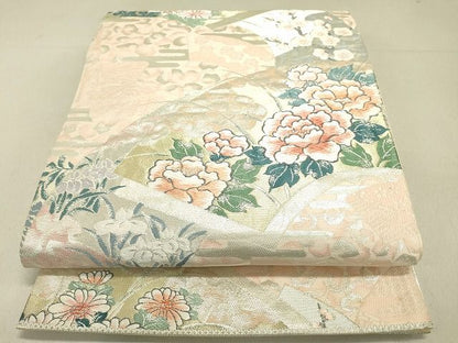 平和屋着物◎六通柄袋帯 唐織 扇面重四季草花文 銀糸 逸品 DAAG4510fe