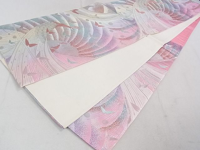 平和屋着物◎六通柄袋帯　孔雀舞蝶文　銀糸　逸品　DAAG0447ox