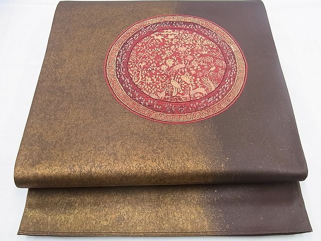 平和屋着物◎太鼓柄袋帯 花鳥絵皿 引箔 逸品 BAAH4649th