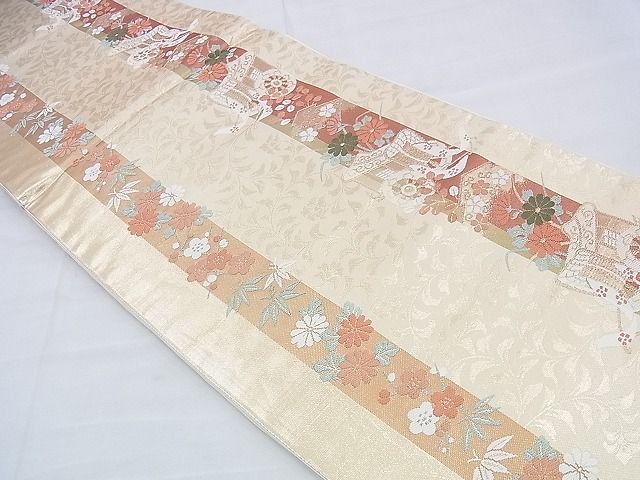 平和屋着物◎六通柄袋帯　唐織　御所車花間道　金糸　逸品　BAAH4683th