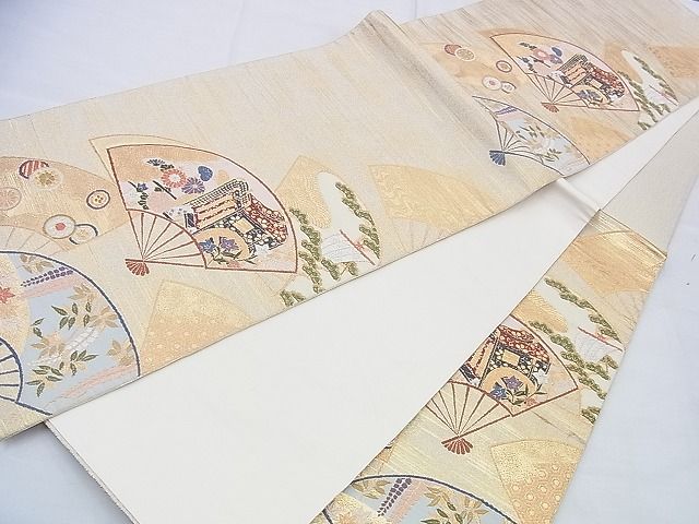 平和屋着物◎六通柄袋帯 唐織 扇面散らし 金糸 逸品 BAAH4665th