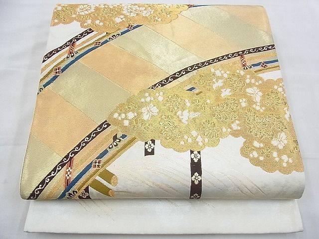 平和屋着物◎太鼓柄袋帯 唐織 雲隠れ渡橋文様 金糸 逸品 BAAH4744th