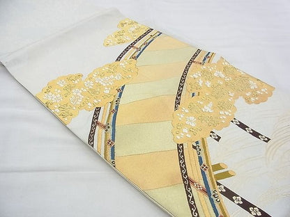平和屋着物◎太鼓柄袋帯 唐織 雲隠れ渡橋文様 金糸 逸品 BAAH4744th