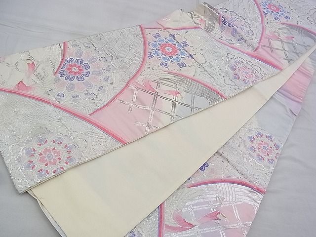 平和屋着物◎西陣 六通柄袋帯 唐織 孔雀花文 銀糸 逸品 BAAH4799th