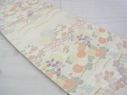 平和屋着物◎六通柄袋帯 ふくれ織り 秋草文 金銀糸 逸品 BAAI2628th