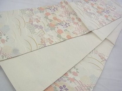 平和屋着物◎六通柄袋帯 ふくれ織り 秋草文 金銀糸 逸品 BAAI2628th